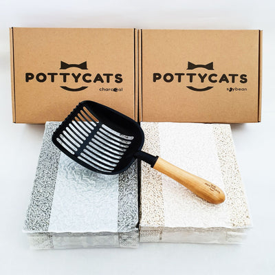 Pottycats tofu litter in Charcoal and Original with jumbo scooper