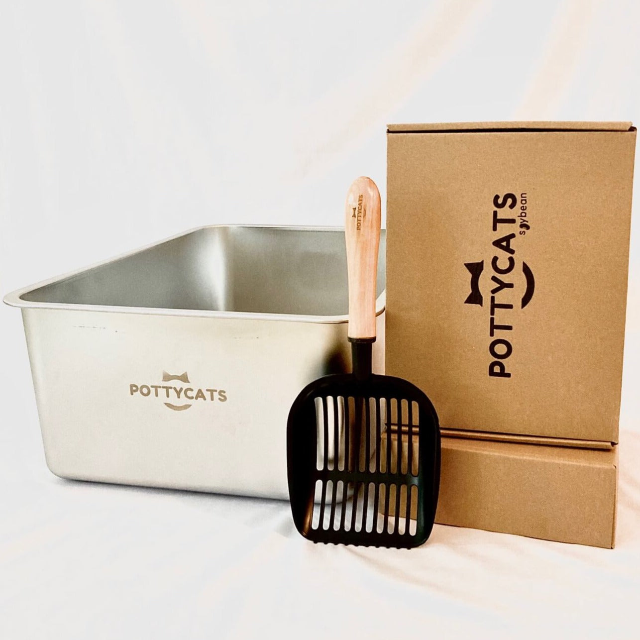 Potty Kit with stainless steel cat litter box, origjnal and charcoal Pottycats cat litter and PottyScoop
